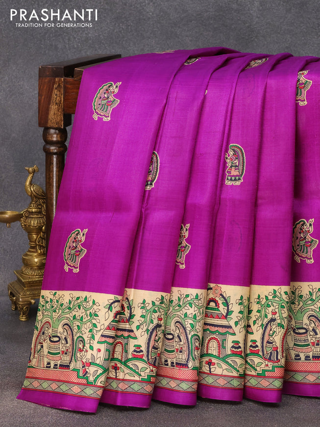 Madhubani printed silk saree purple and cream with butta prints and printed border