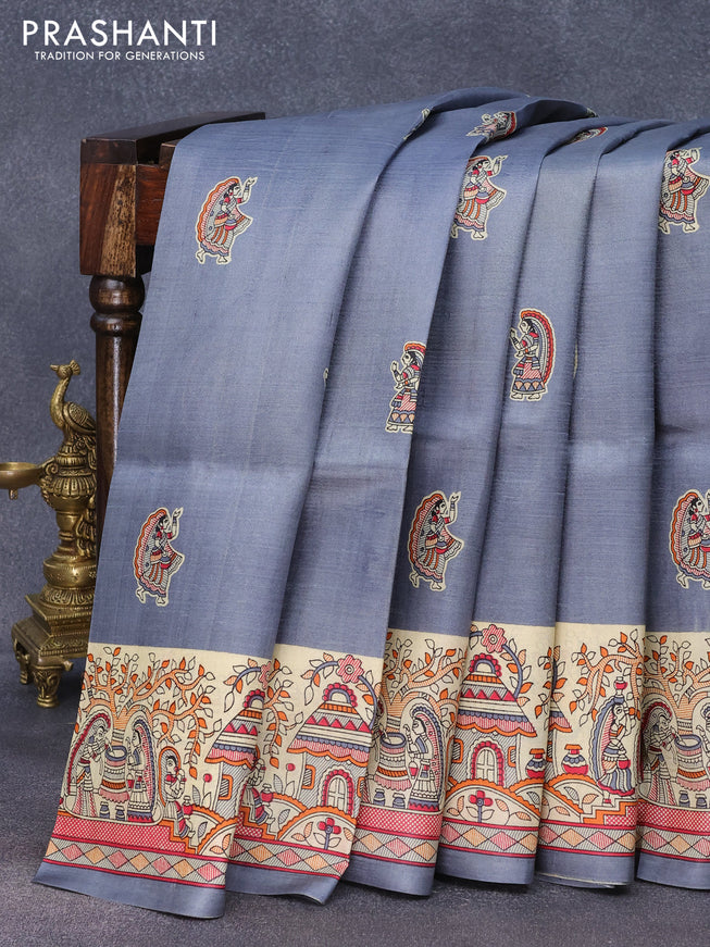 Madhubani printed silk saree grey and cream with butta prints and printed border