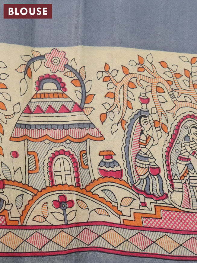 Madhubani printed silk saree grey and cream with butta prints and printed border