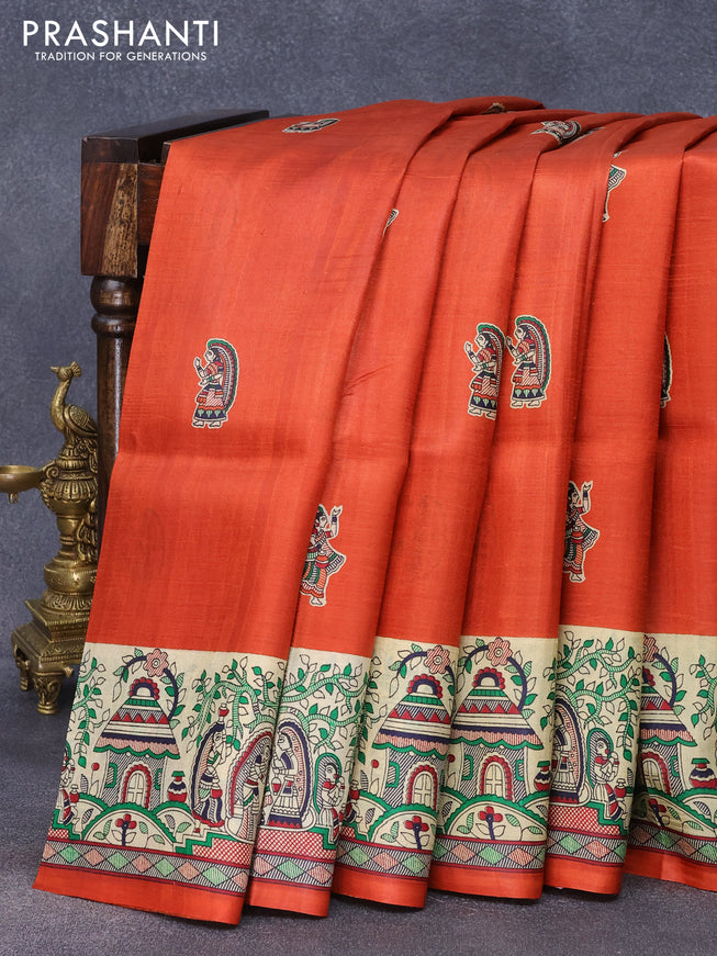 Madhubani printed silk saree orange and cream with butta prints and printed border