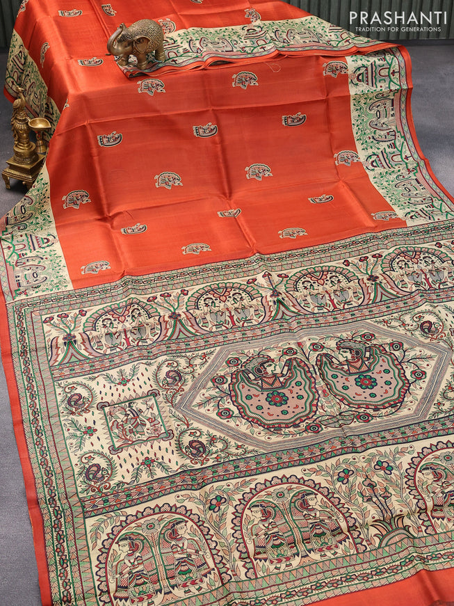 Madhubani printed silk saree orange and cream with butta prints and printed border