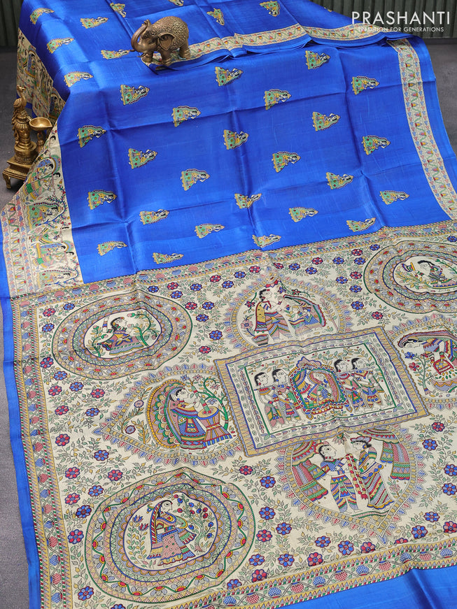 Madhubani printed silk saree royal blue and cream with butta prints and printed border