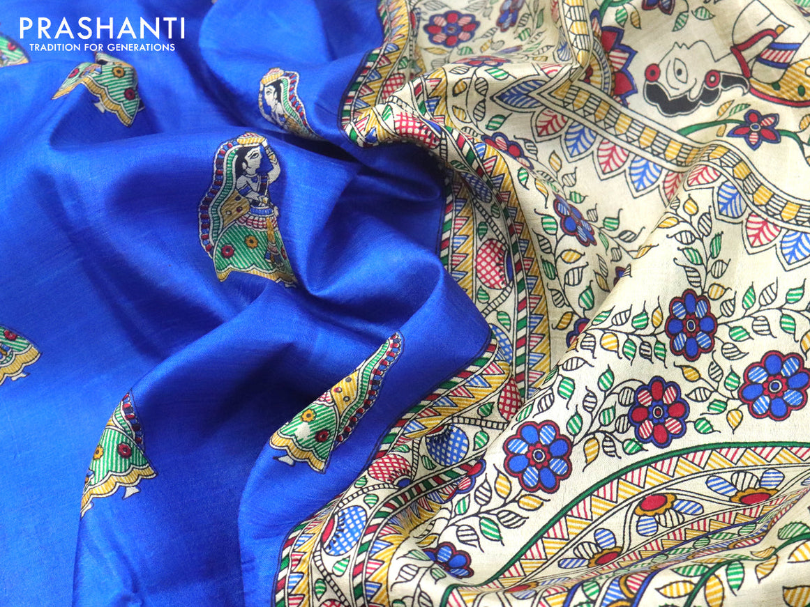 Madhubani printed silk saree royal blue and cream with butta prints and printed border