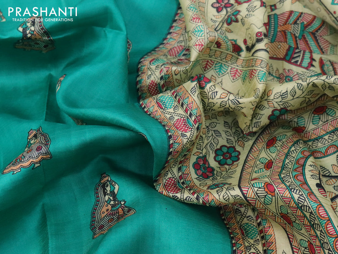 Madhubani printed silk saree teal green and cream with butta prints and printed border