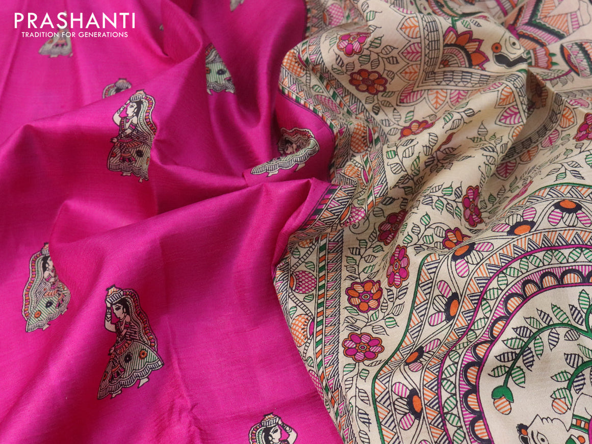Madhubani printed silk saree pink and cream with butta prints and printed border