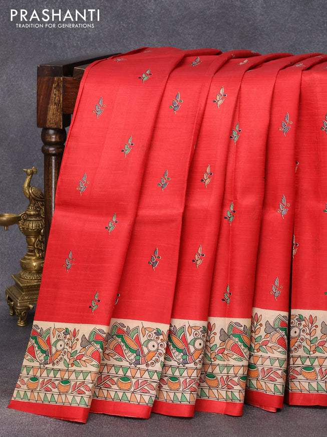 Madhubani printed silk saree red and cream with butta prints and printed border