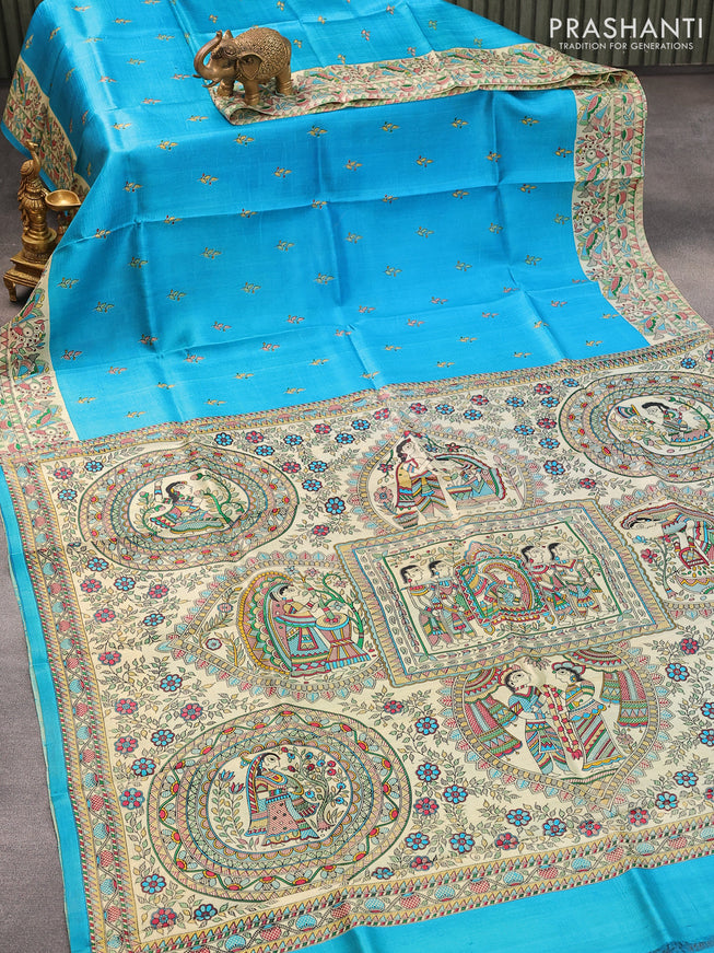 Madhubani printed silk saree cs blue and cream with butta prints and printed border