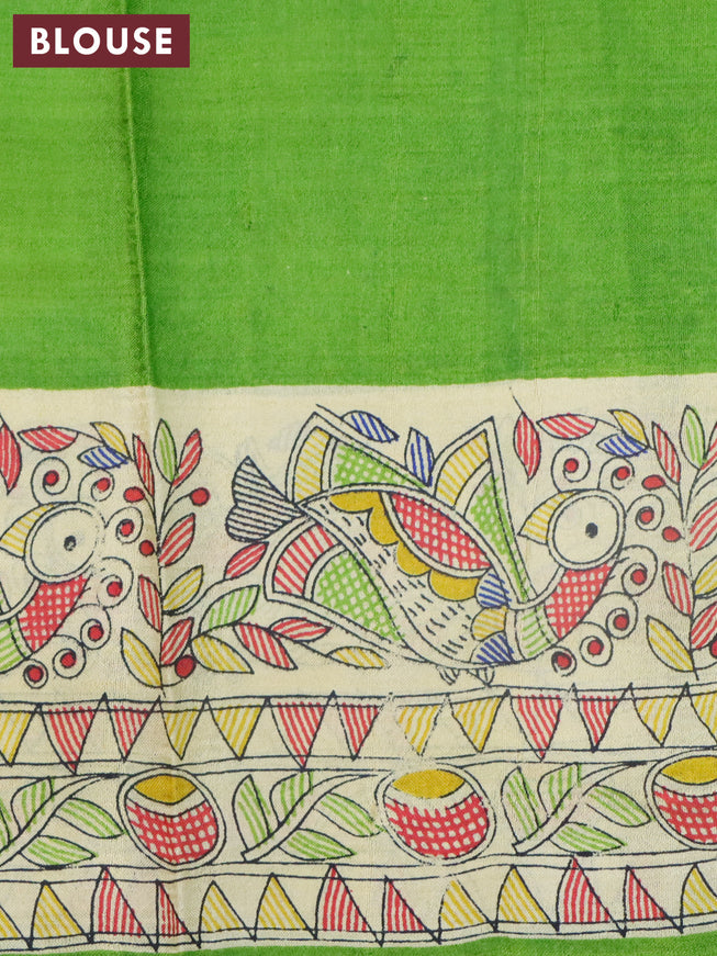 Madhubani printed silk saree light green and cream with butta prints and printed border