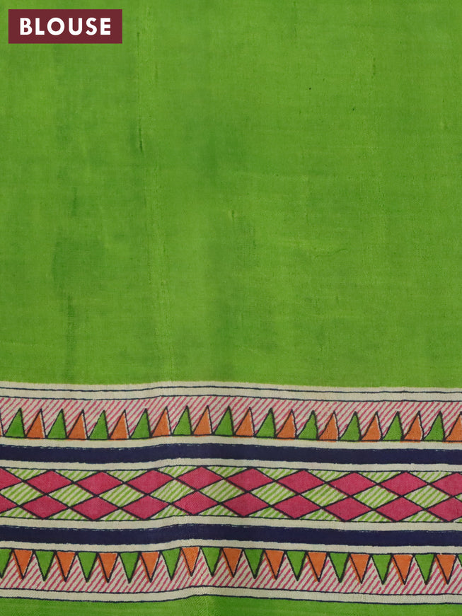 Madhubani printed silk saree light green and cream with butta prints and printed border