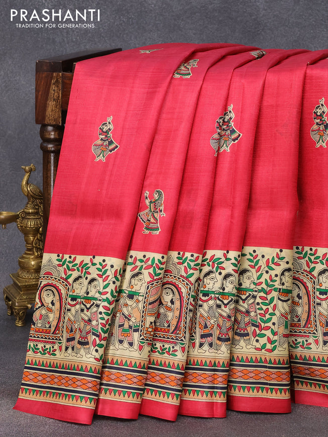 Madhubani printed silk saree red and cream with butta prints and printed border