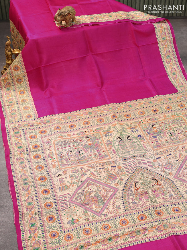 Madhubani printed silk saree pink and cream with plain body and printed border