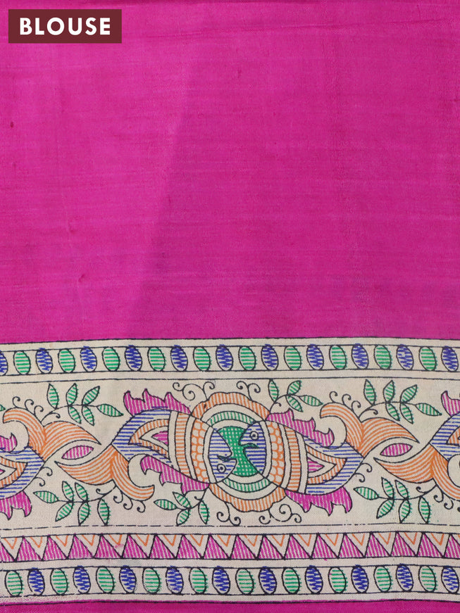 Madhubani printed silk saree pink and cream with plain body and printed border