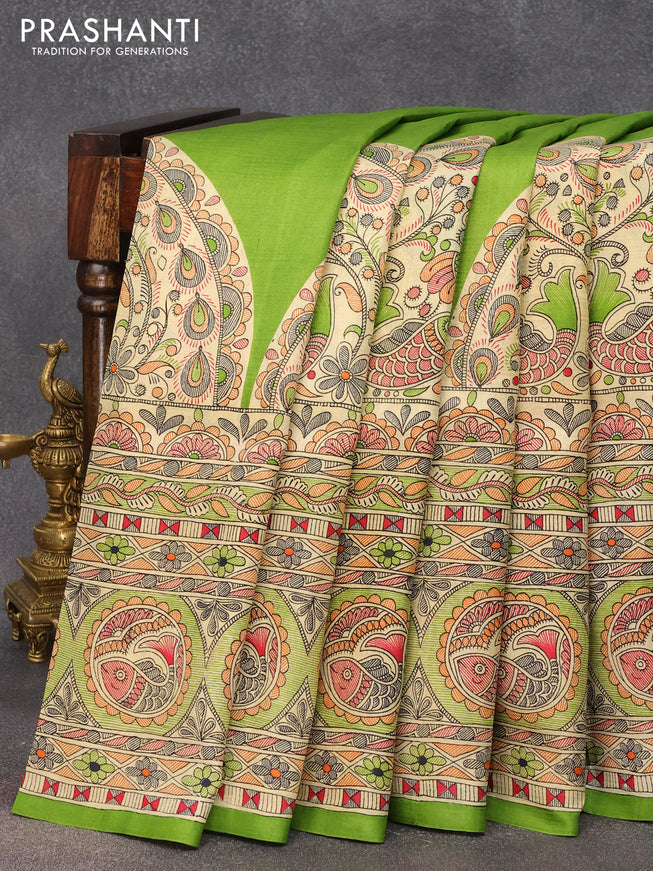 Madhubani printed silk saree light green and cream with plain body and printed border