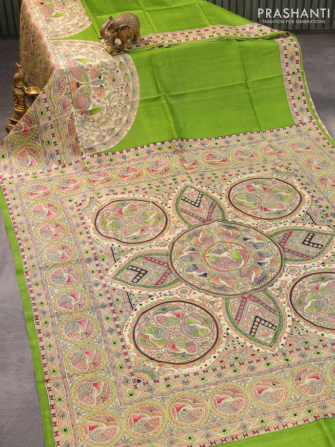 Madhubani printed silk saree light green and cream with plain body and printed border