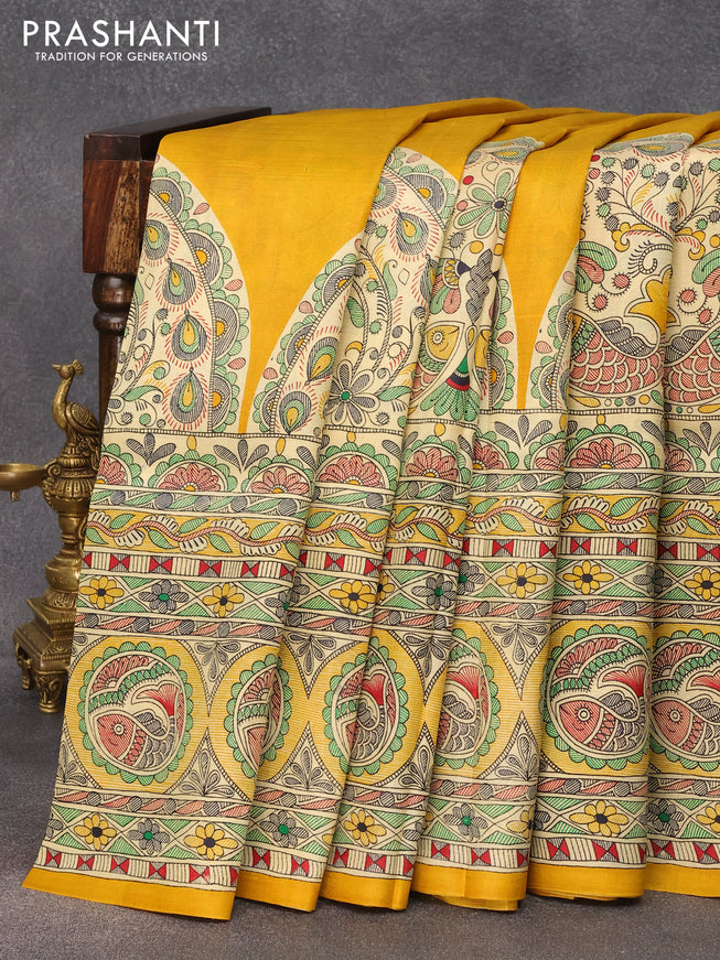 Madhubani printed silk saree mustard yellow and cream with plain body and printed border
