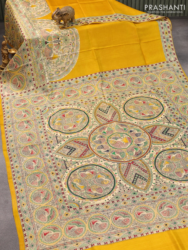 Madhubani printed silk saree mustard yellow and cream with plain body and printed border