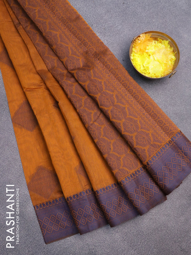 South kota saree mustard yellow and blue with thread woven buttas and thread woven border