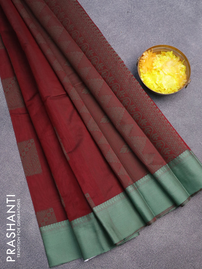 South kota saree maroon and pastel green with thread woven box type buttas and thread woven border