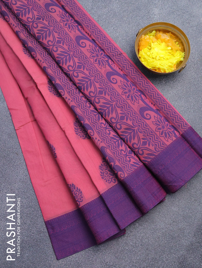 South kota saree pink shade and blue with thread woven buttas and thread woven border