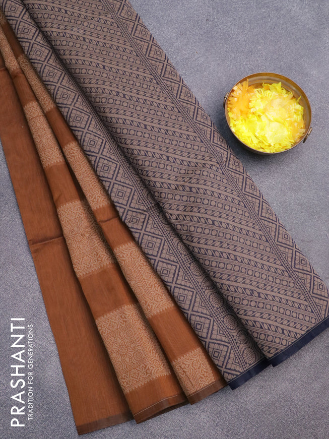 South kota saree brown and navy blue with thread woven box type buttas in borderless style