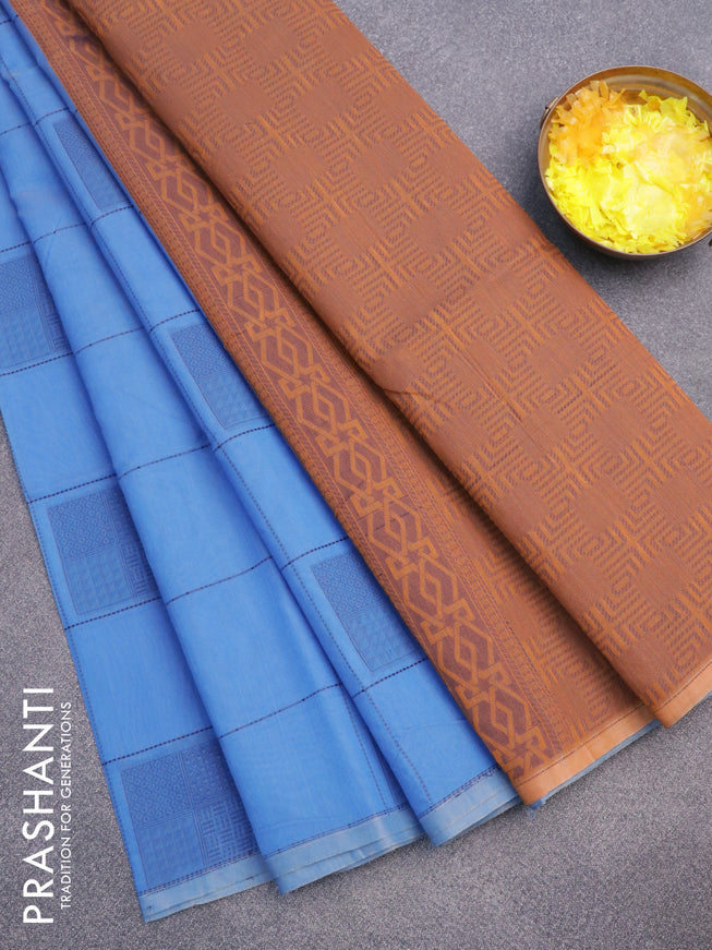 South kota saree blue and orange with allover checked pattern & buttas in borderless style