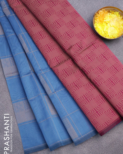 South kota saree blue shade and dark magenta pink with allover checked pattern & buttas in borderless style