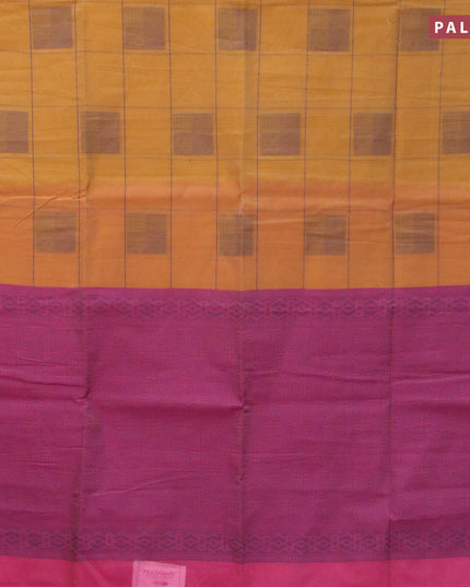 South kota saree dark mustard and pink with allover checked pattern & buttas in borderless style