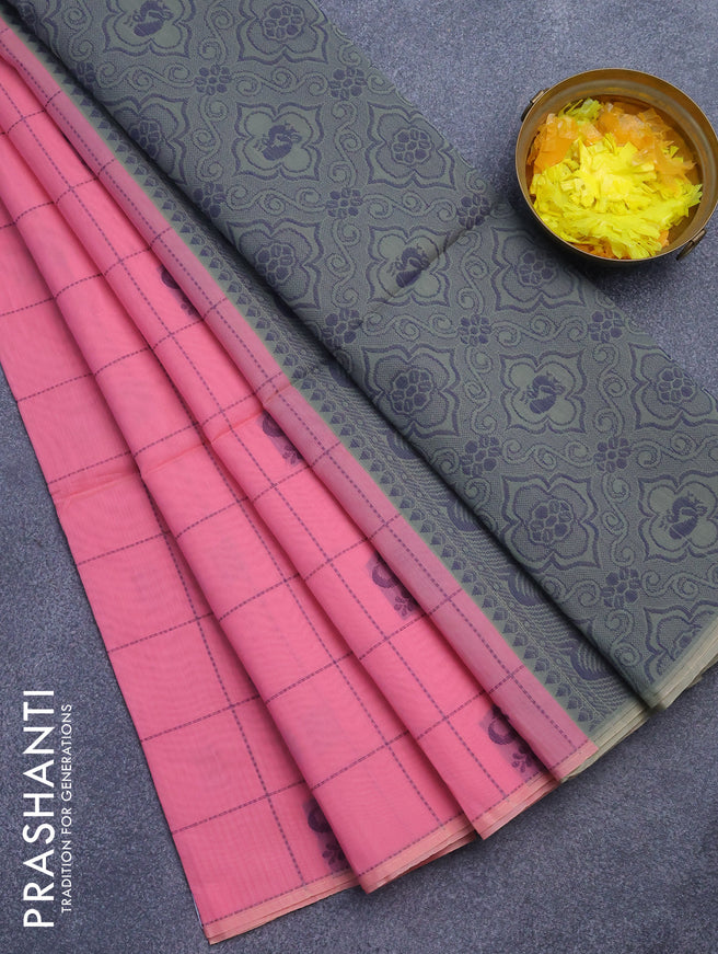 South kota saree light pink and pastel green with allover checked pattern & buttas in borderless style