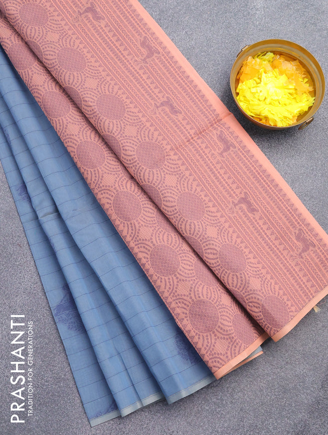 South kota saree greyish blue and peach orange with allover thread weaves & buttas in borderless style