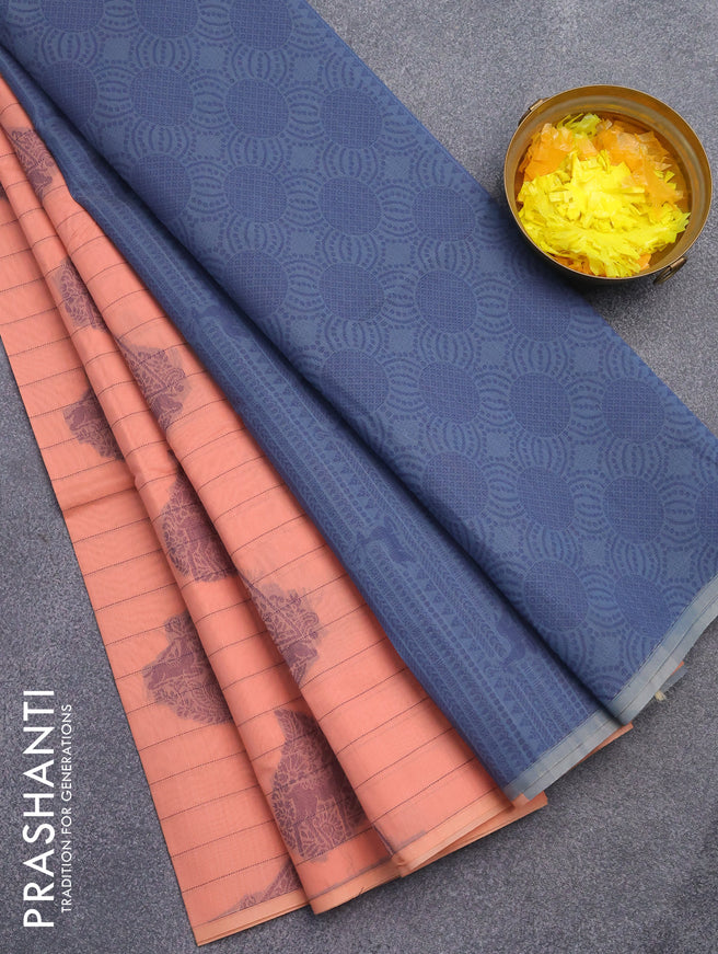 South kota saree peach shade and bluish grey with allover thread weaves & buttas in borderless style