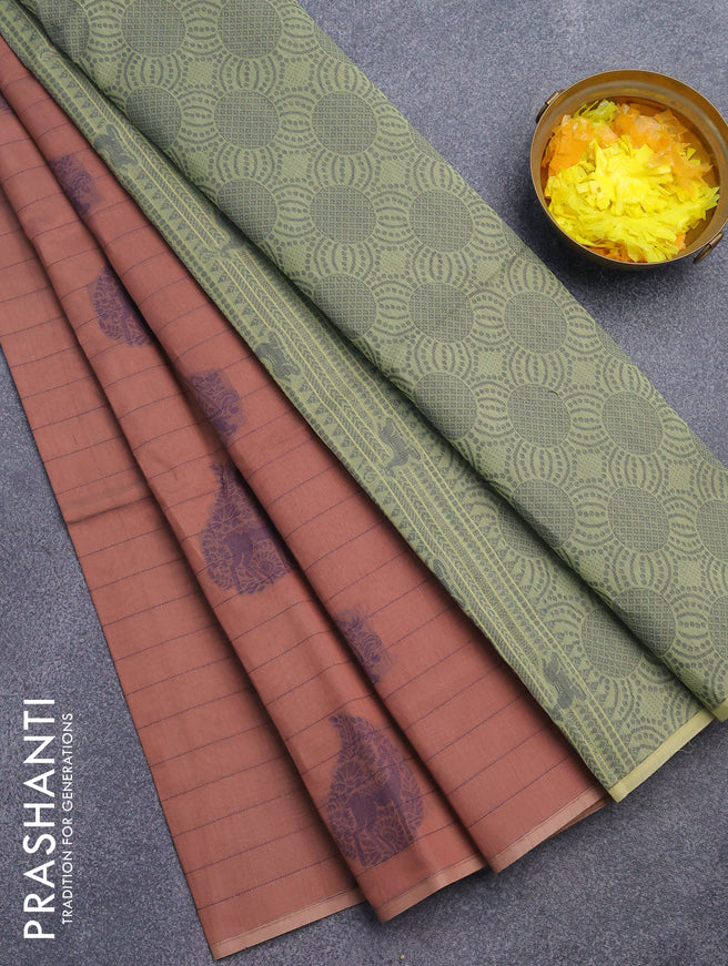 South kota saree pastel brown and pista green with allover thread weaves & buttas in borderless style