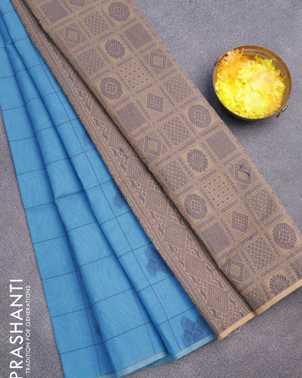 South kota saree blue and sandal with allover thread checks & buttas in borderless style
