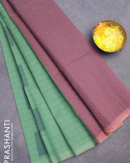 South kota saree teal green and pastel pink shade with allover thread stripe & buttas in borderless style