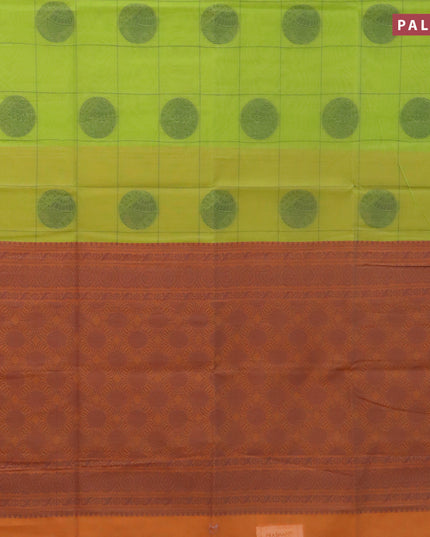 South kota saree light green and orange with allover thread checks & buttas in borderless style