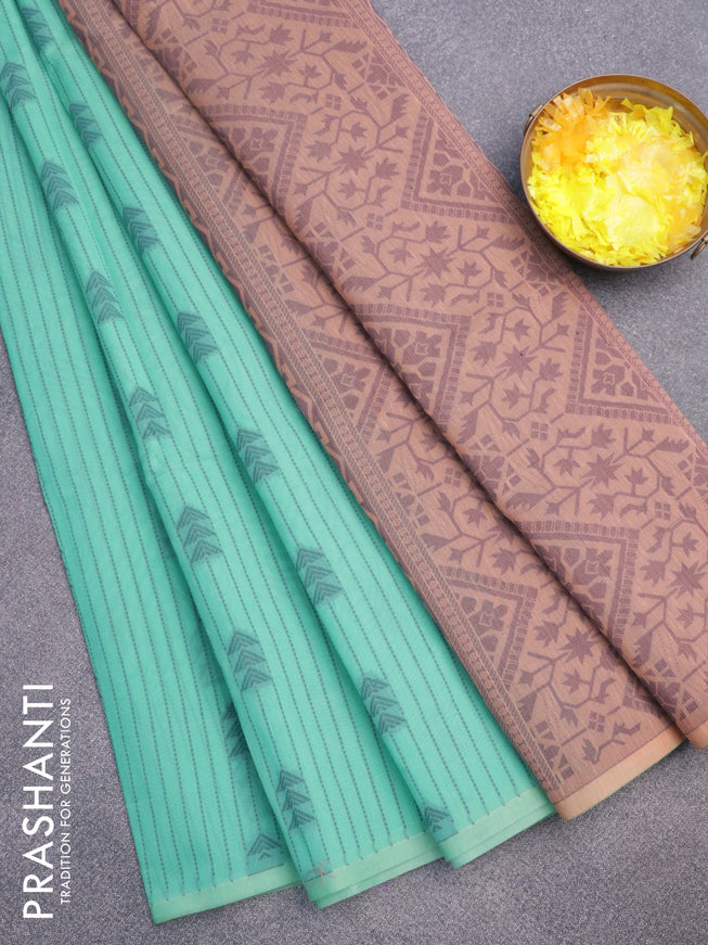 South kota saree teal green and peach shade with allover thread weaves in borderless style