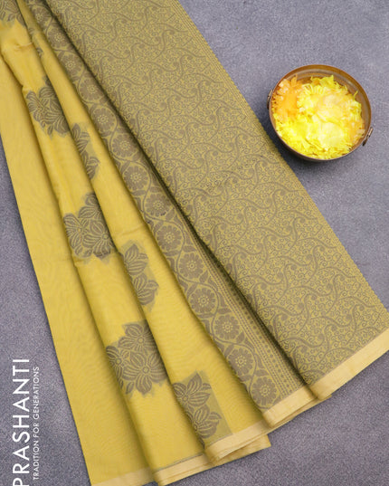 South kota saree mustard shade with thread woven floral buttas in borderless style