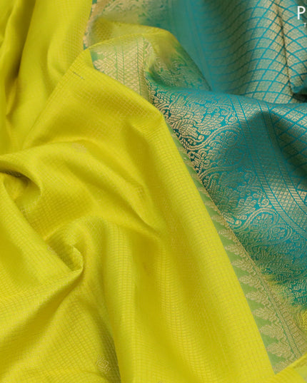 Pure kanjivaram silk saree lime yellow and teal green with allover small zari checked pattern & buttas and zari woven border & Checks