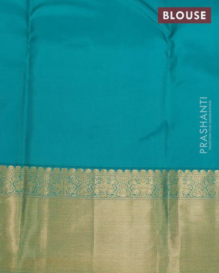 Pure kanjivaram silk saree lime yellow and teal green with allover small zari checked pattern & buttas and zari woven border & Checks