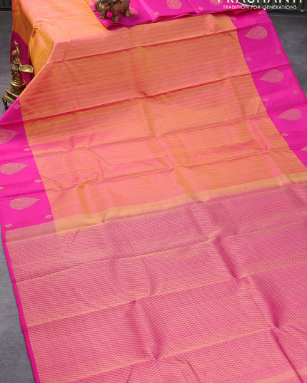 Pure kanjivaram silk saree dual shade of yellow and pink with allover zari weaves and zari woven butta border & Allover weaves