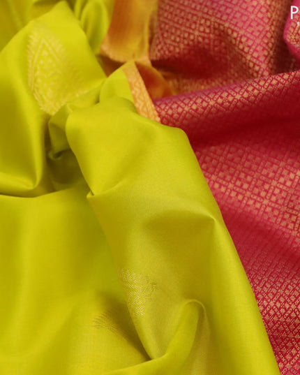 Pure kanjivaram silk saree yellow and pink with zari woven geometric buttas and simple border & Butta style