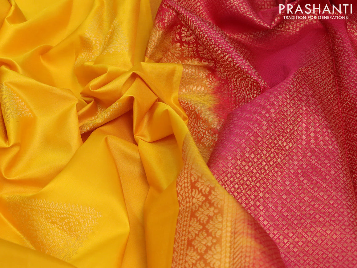 Pure kanjivaram silk saree yellow and pink with zari woven geometric buttas and simple border & Butta style