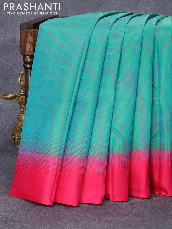 Pure kanjivaram silk saree dual shade of teal bluish green and pink with allover thread woven checked pattern and simple border & Checks