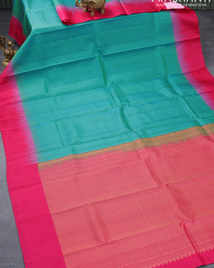 Pure kanjivaram silk saree dual shade of teal bluish green and pink with allover thread woven checked pattern and simple border & Checks