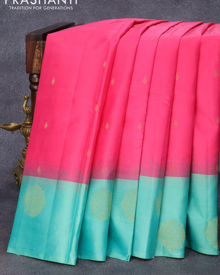 Pure kanjivaram silk saree pink and teal green with zari woven buttas and zari woven butta border & Butta style