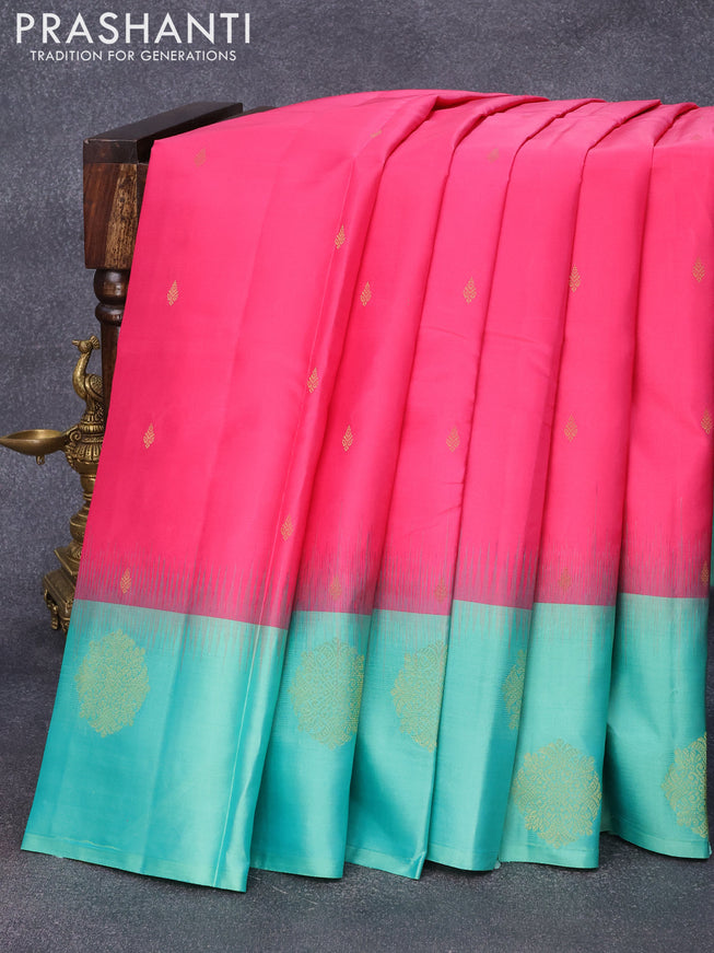 Pure kanjivaram silk saree pink and teal green with zari woven buttas and zari woven butta border & Butta style