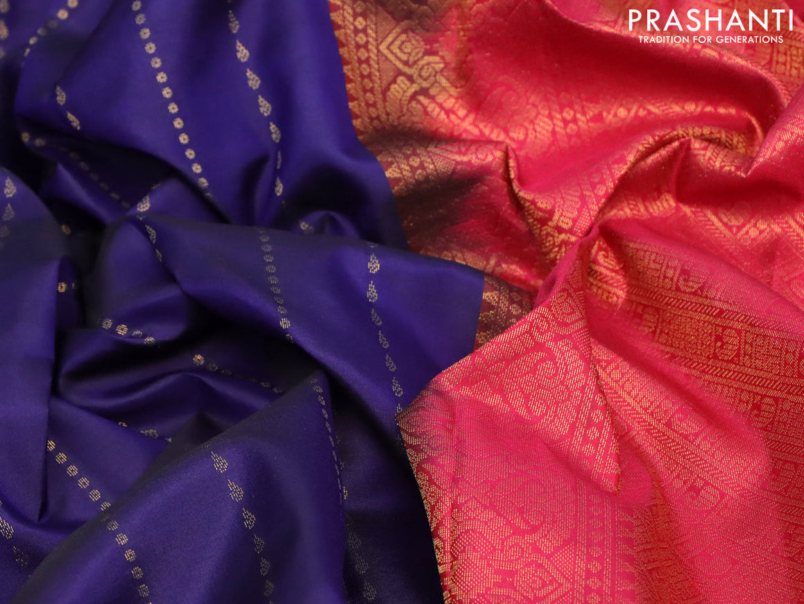 Pure kanjivaram silk saree dark blue and dark pink with allover zari weaves and simple border & Allover weaves