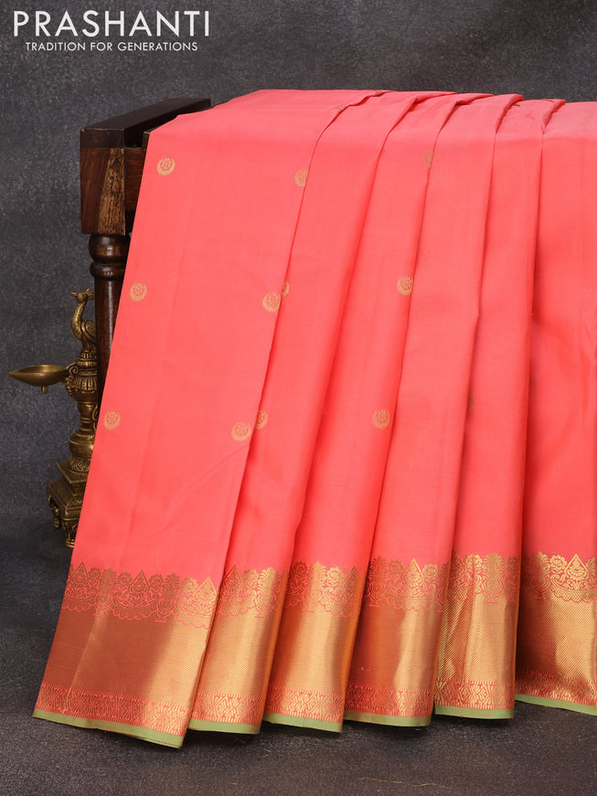 Pure kanjivaram silk saree peach pink and pista green with zari woven buttas and zari woven border & Butta style