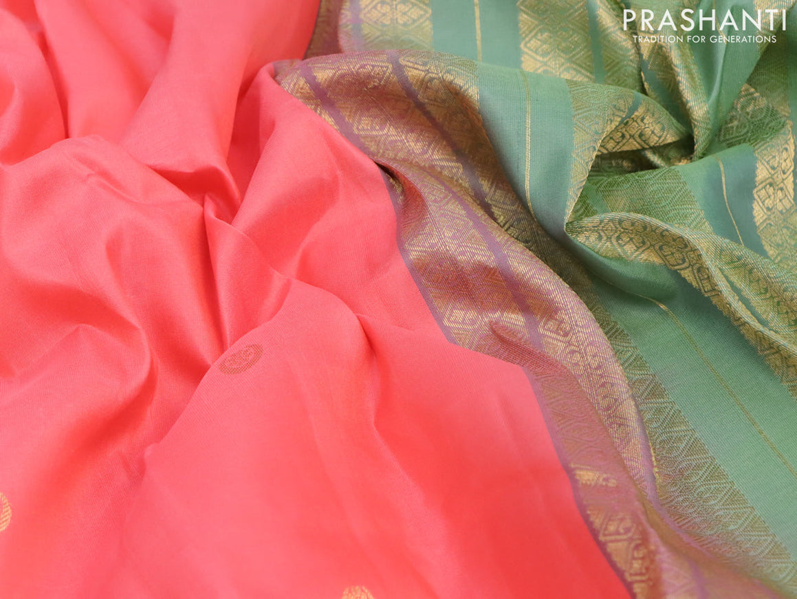 Pure kanjivaram silk saree peach pink and pista green with zari woven buttas and zari woven border & Butta style