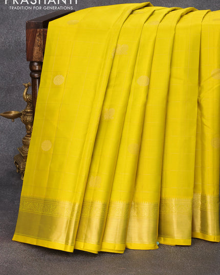 Pure kanjivaram silk saree lime yellow and pink with zari woven checked pattern & buttas and zari woven border & Checks