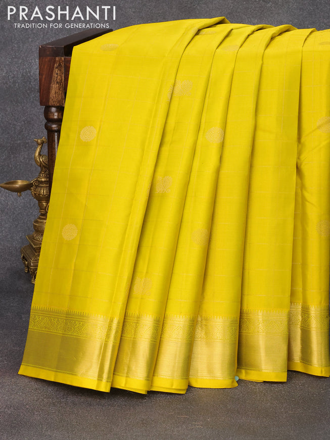 Pure kanjivaram silk saree lime yellow and pink with zari woven checked pattern & buttas and zari woven border & Checks